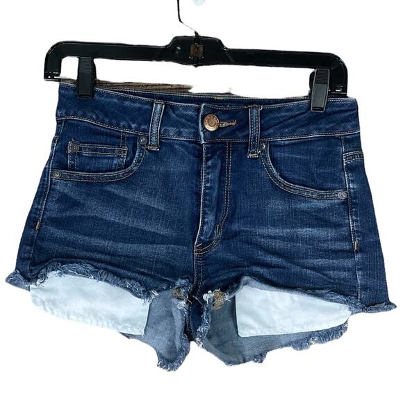 American Eagle Hi Rise Shortie Jean Shorts Blue Denim Exposed Pockets Size 4 - Picture 1 of 9